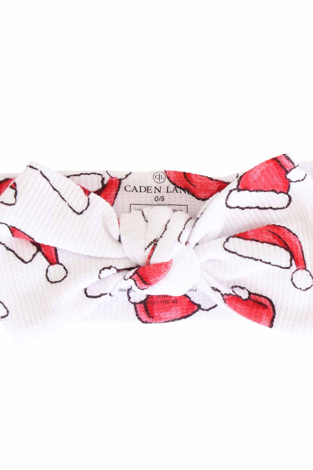  Caden Lane white waffle-knit knotted headwrap with a festive red Santa hat print