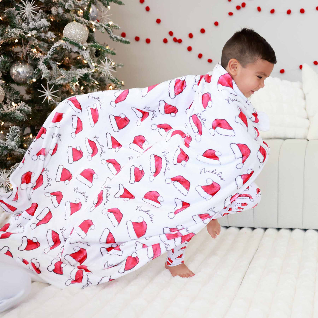 script font red santa hat personalized christmas blanket for kids 