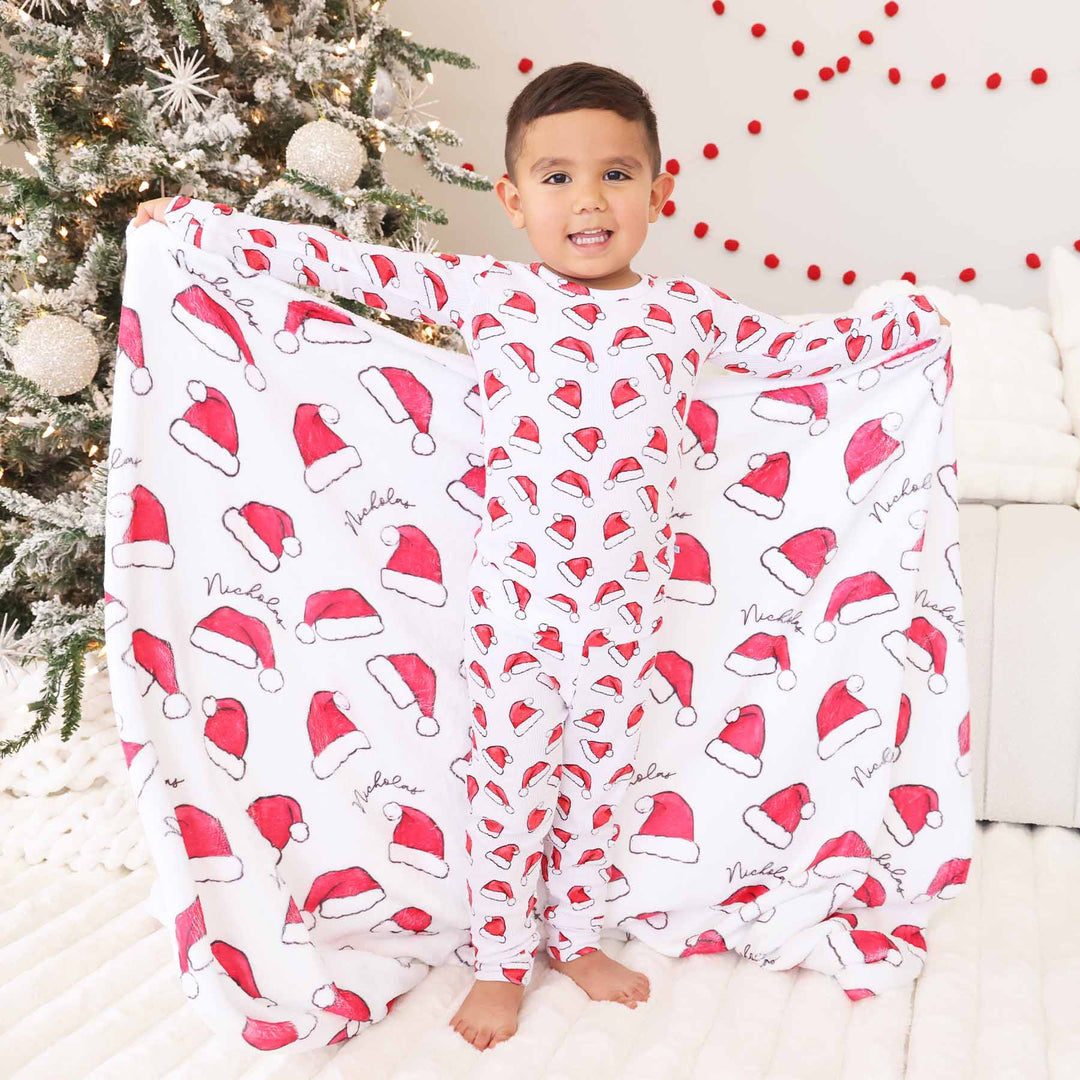 personalized kids blanket with santa hats 