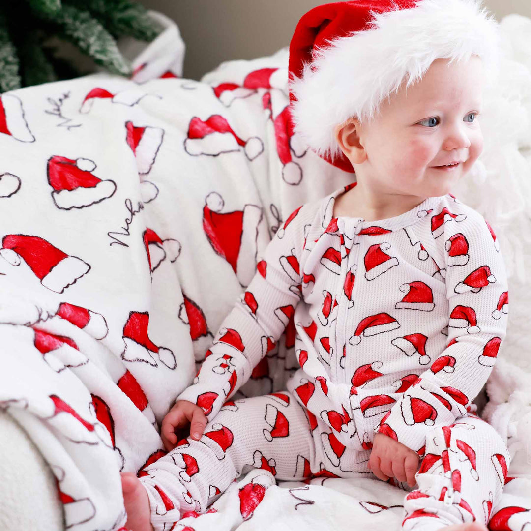 santa baby personalized kids blanket for christmas with red santa hats 
