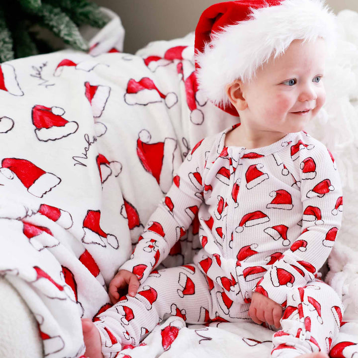 santa baby personalized kids blanket for christmas with red santa hats 