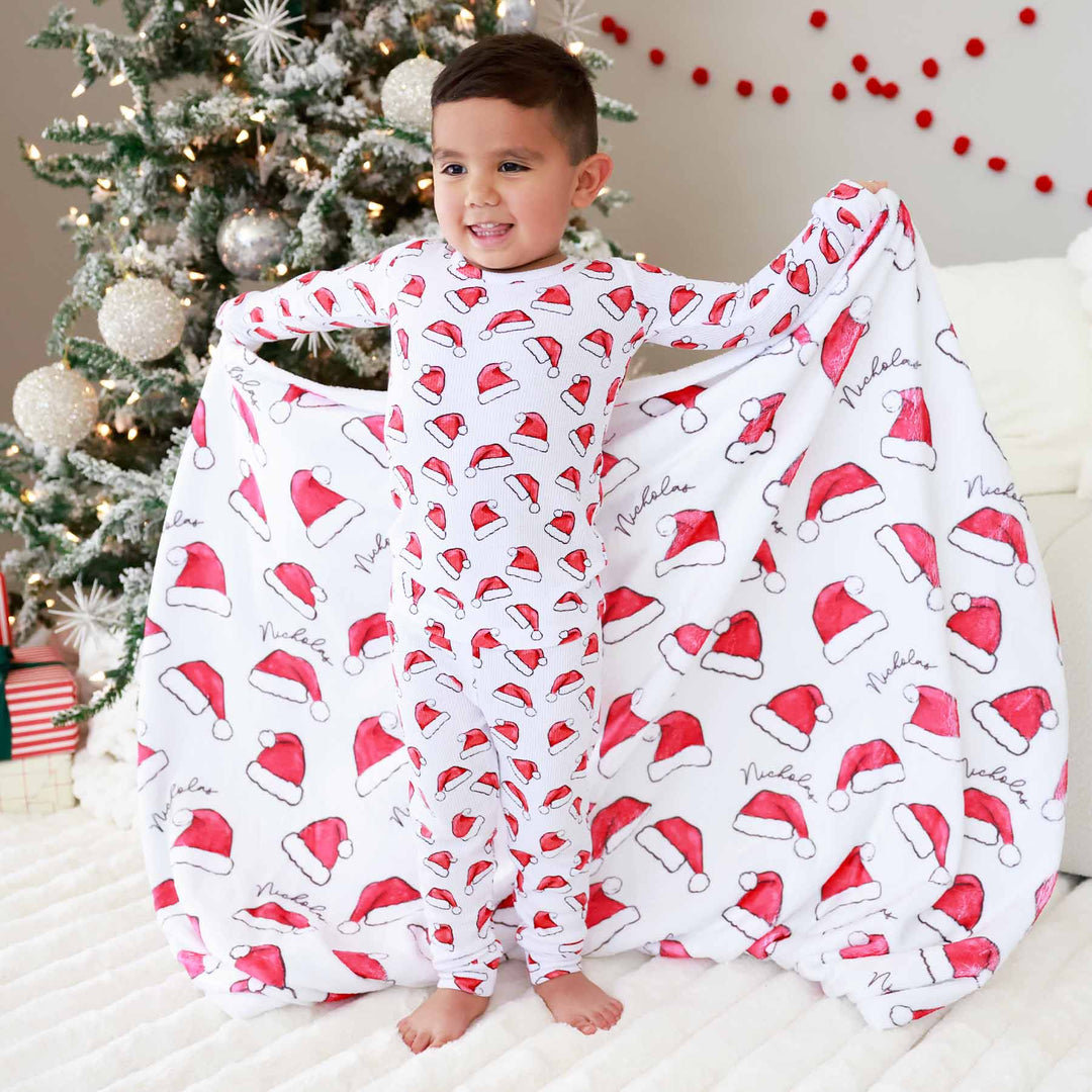 santa baby personalized blanket for kids with santa hats 