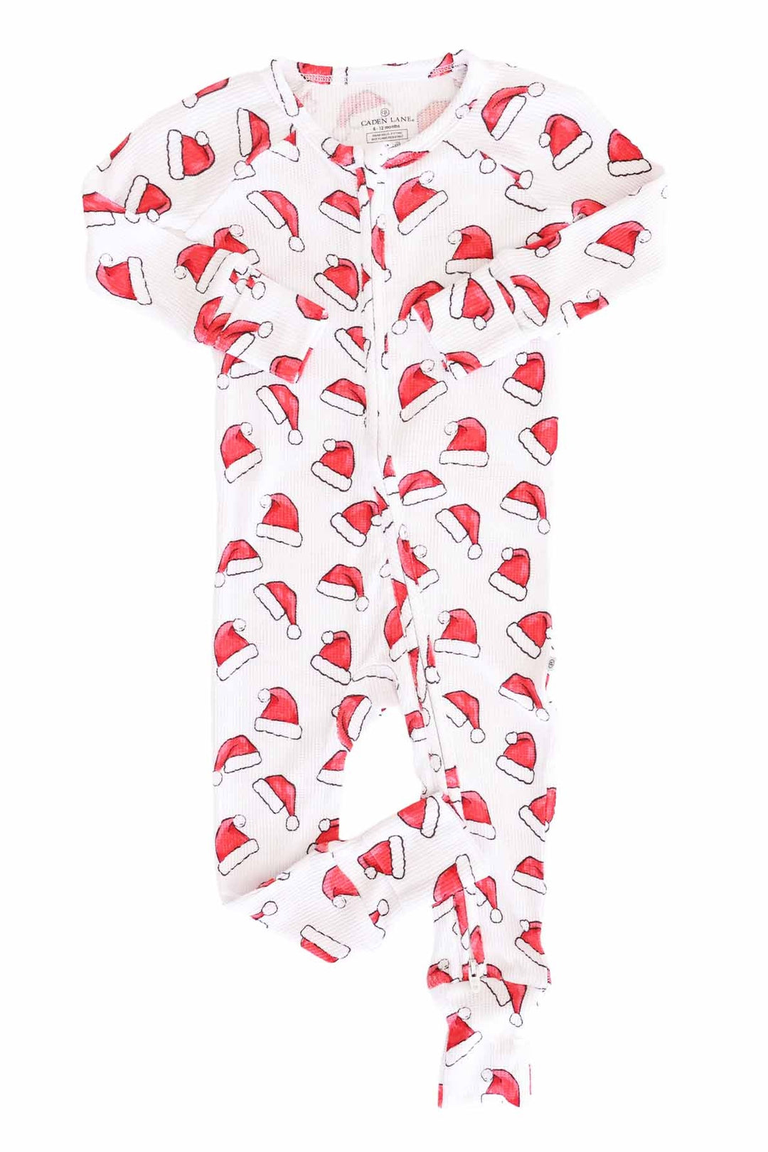 Caden Lane white waffle-knit zip romper with a festive red Santa hat print