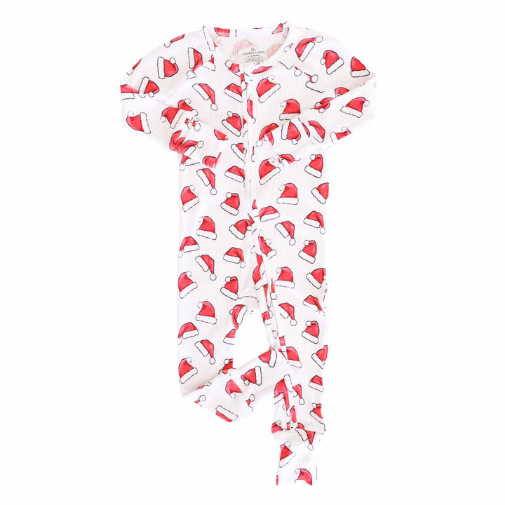 red and white santa hat convertible zip romper pajama for baby and toddlers gender neutral with flip mitts and footies 