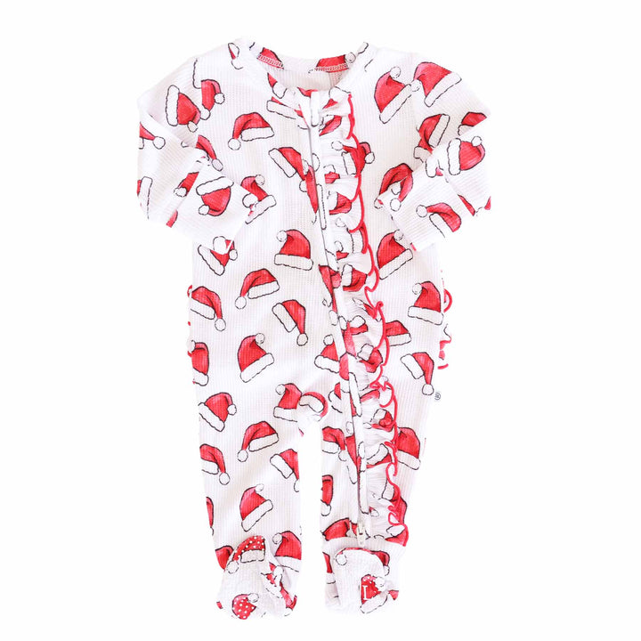 santa hat ruffle zipper footie for girls