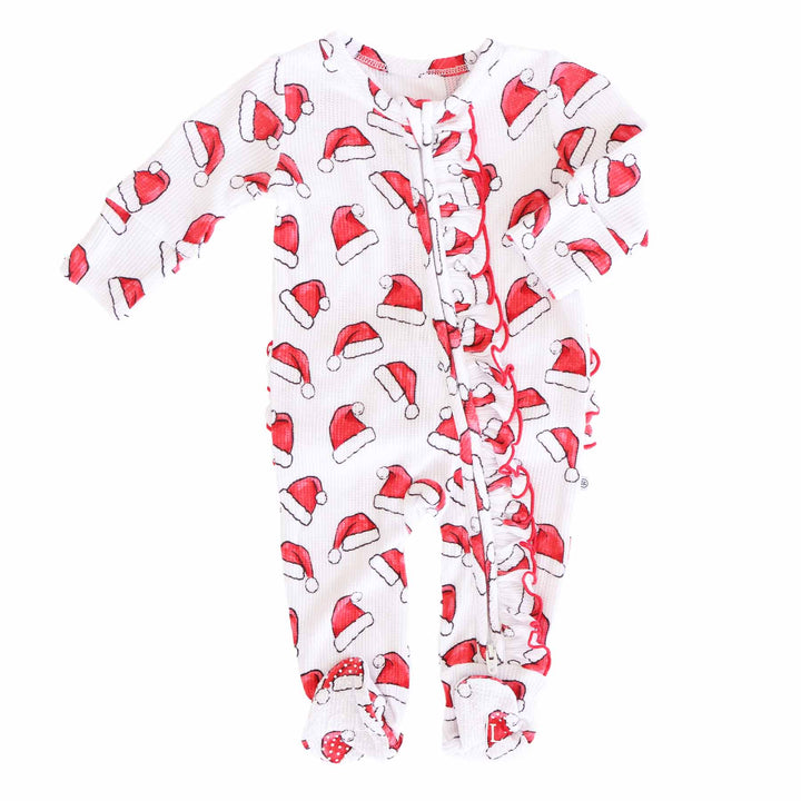 caden lane bamboo waffle ruffle footie for girls with santa hats 