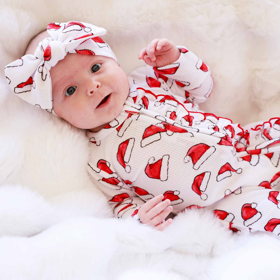 ruffle zipper footie santa hat baby footie for girls 
