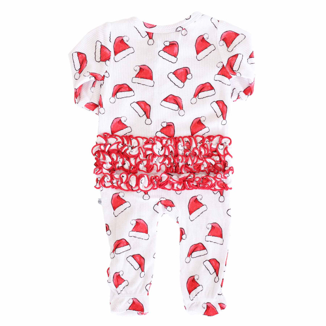 white and red santa hat ruffle bottom zipper footie pajama for baby girls 