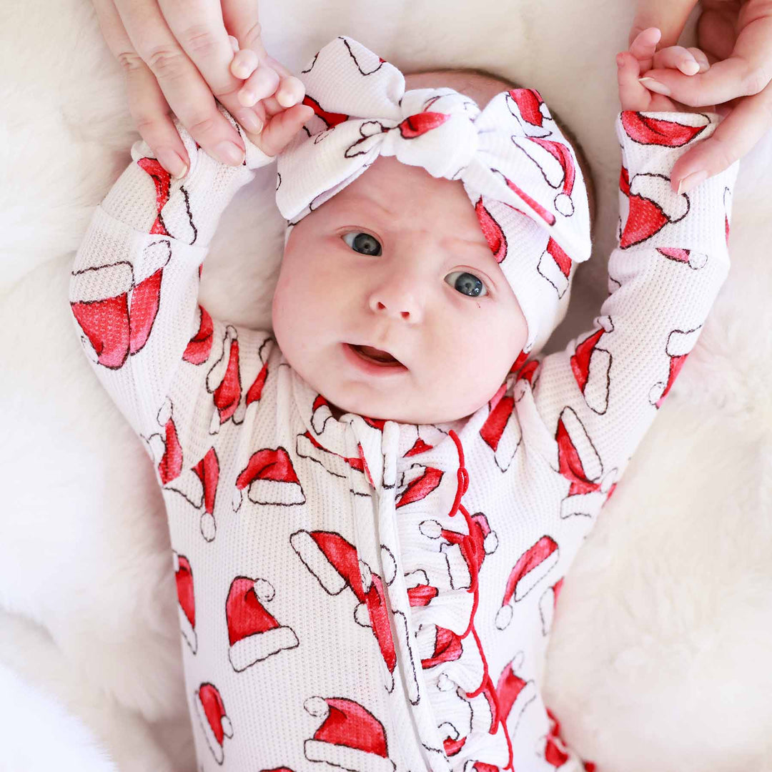 santa hat ruffled footie for girls for christmas 