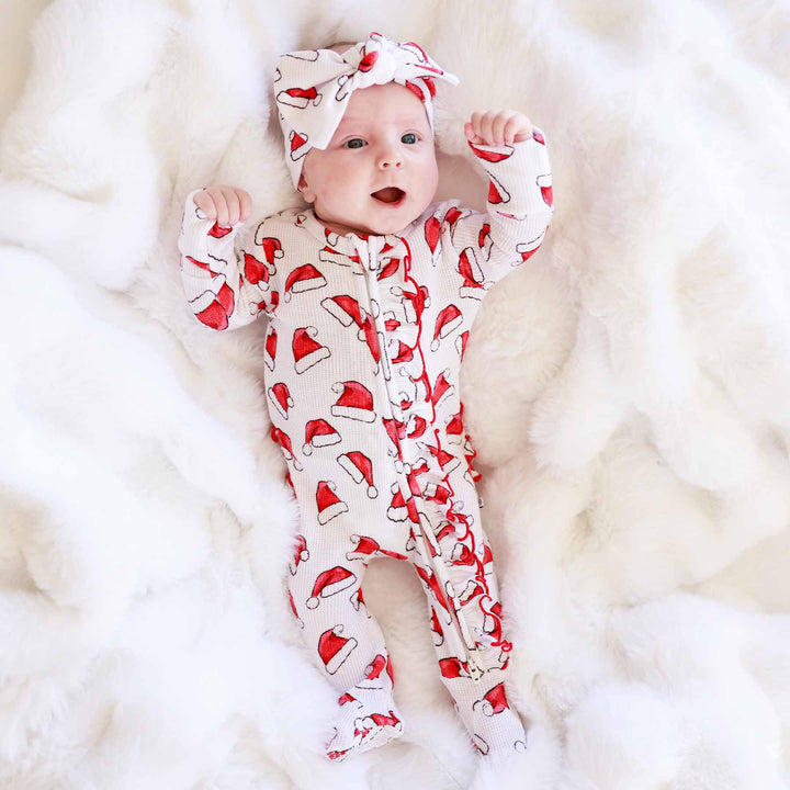 santa baby ruffle zipper footie for baby girls with santa hats 