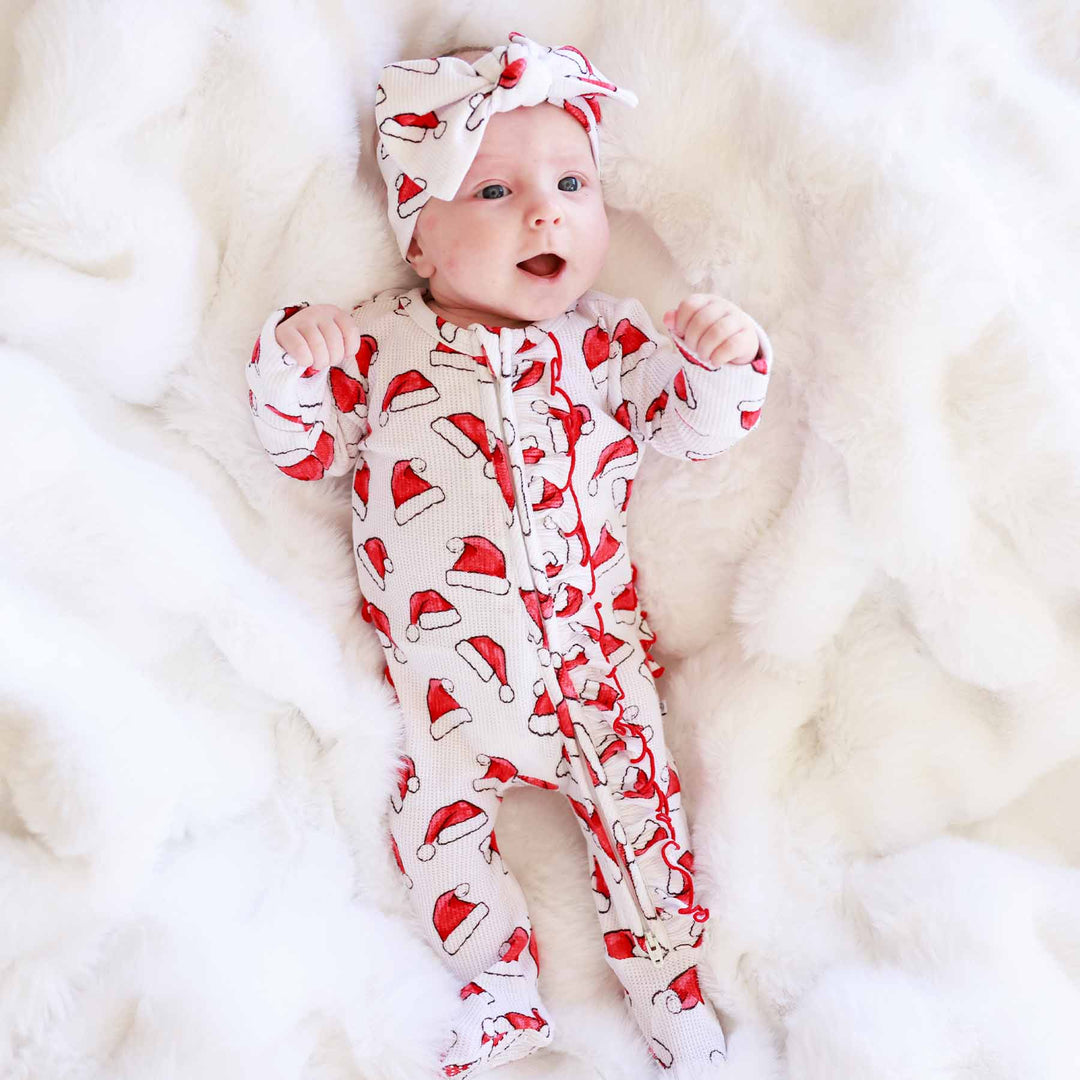 santa hat baby ruffle zipper footie for newborn and baby girls 