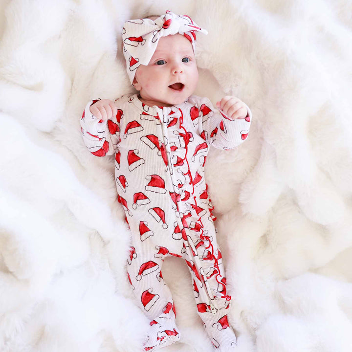 santa hat baby ruffle zipper footie for newborn and baby girls 