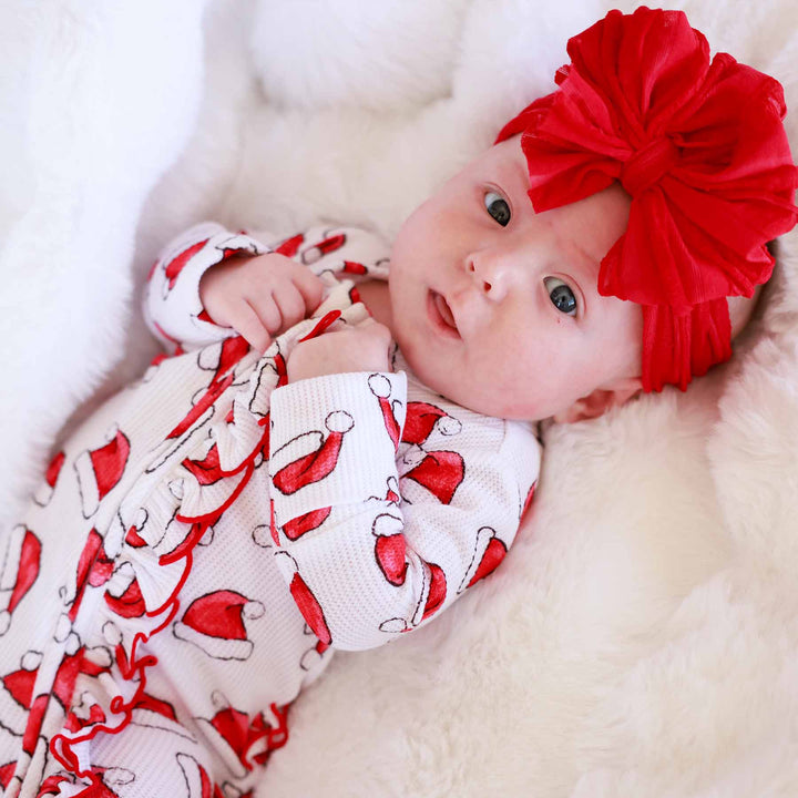 christmas ruffle baby footie for girls with santa hats 