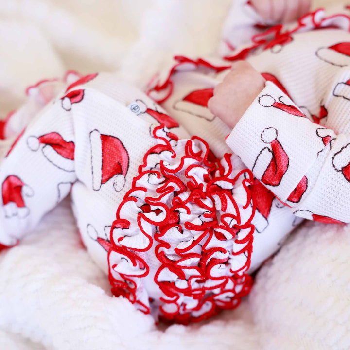 ruffle butt christmas baby footie with santa hats 