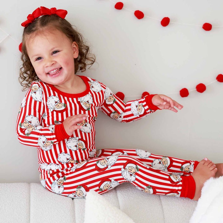 kids christmas pajamas red and white stripes with vintage santas 