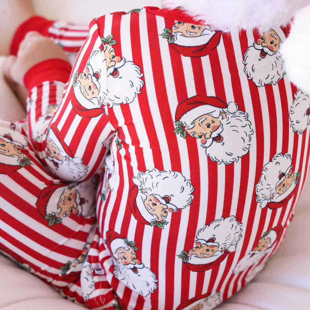 red and white stripe vintage santa long sleeve pj set for kids 