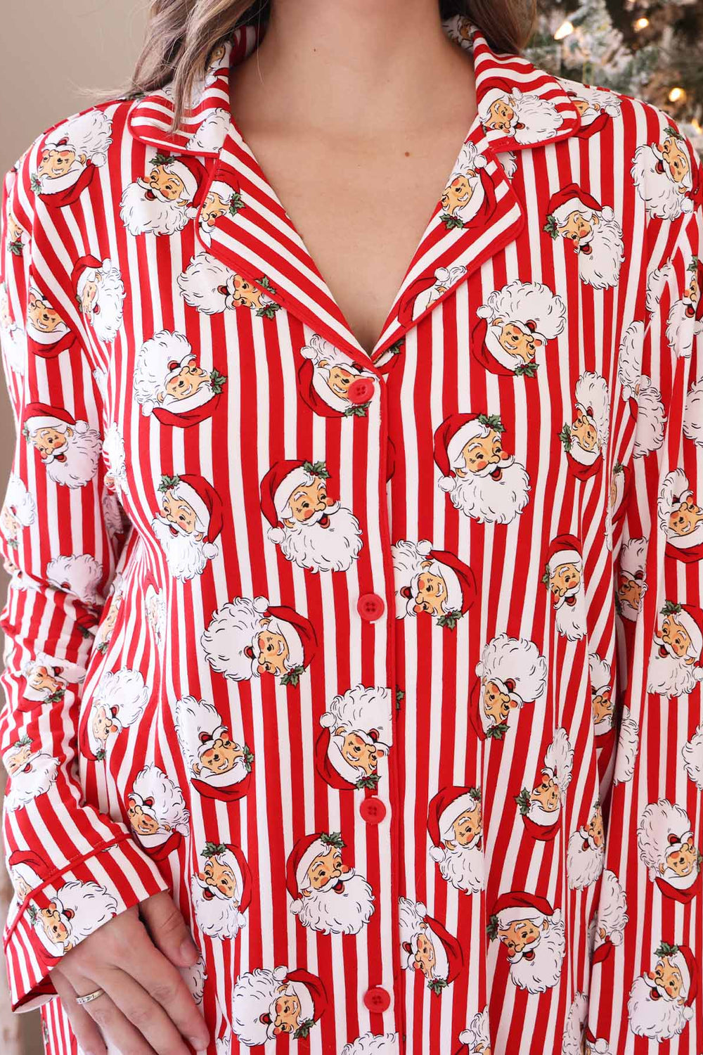 red and white striped vintage santa collared button up shirt lounge set 