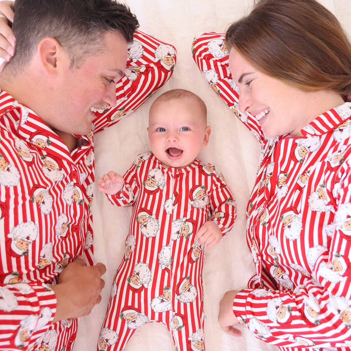 gender neutral christmas santa head and stripe baby zipper footie