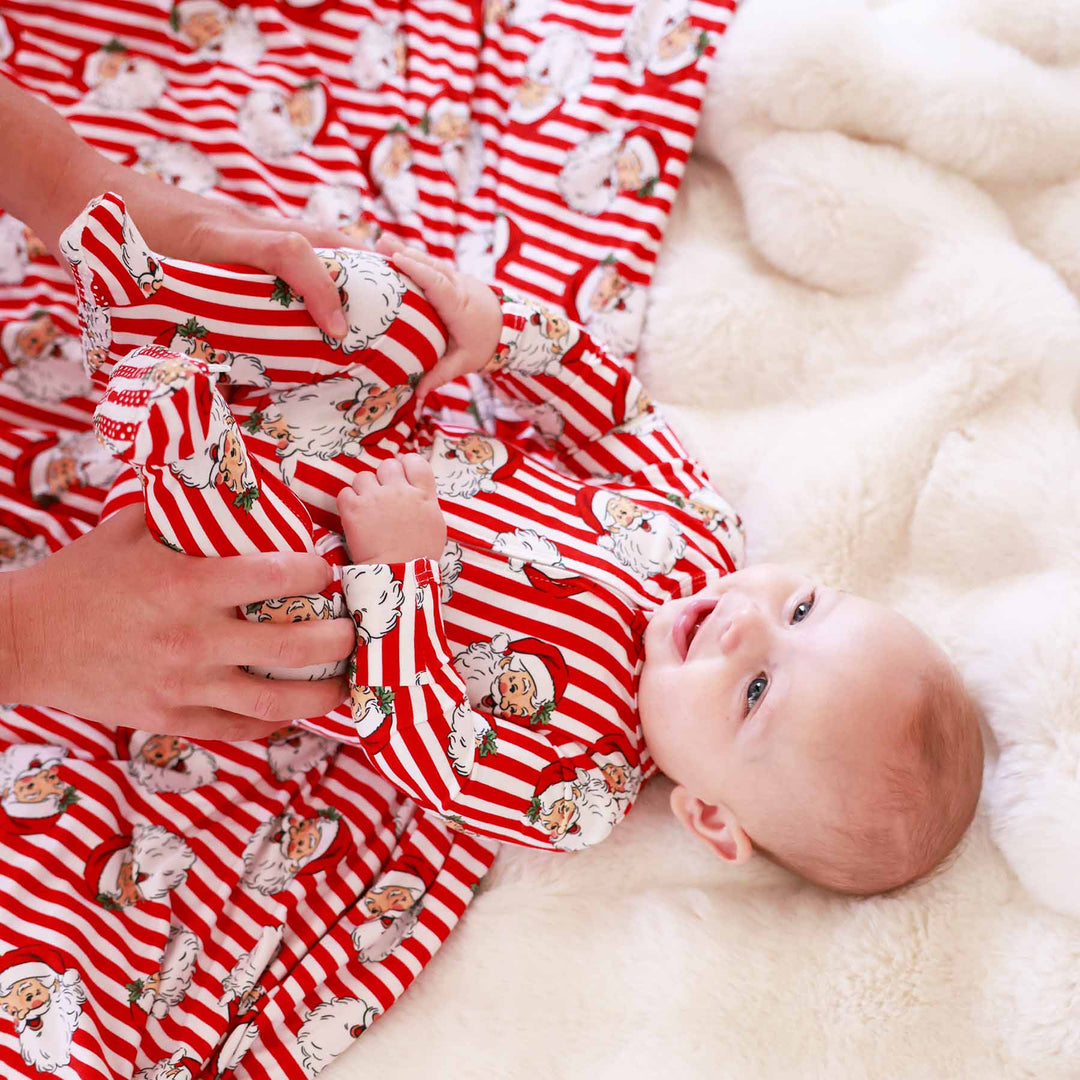 christmas baby footie pajama red nad white stripes with vintage santas 