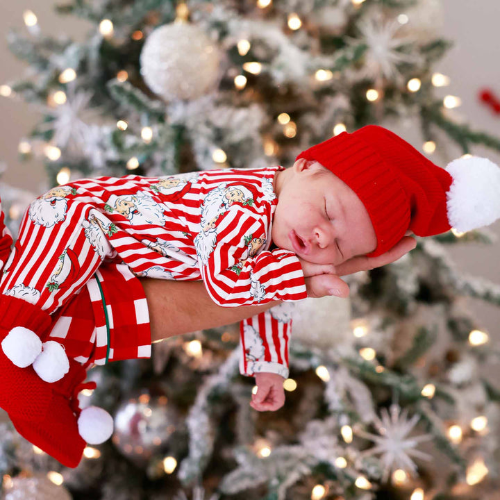 red and white stripe with santa head baby zipper footie pajama 