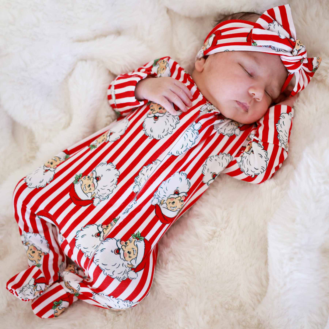 vintage santa head with red stripes baby zipper footie 