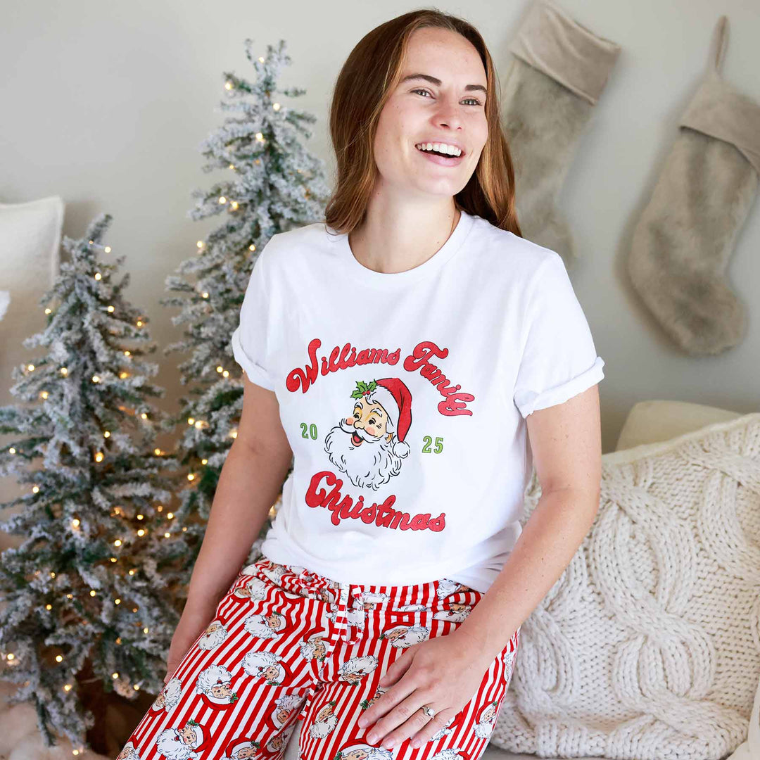 Women red and white striped vintage santa head jogger pajama pants 