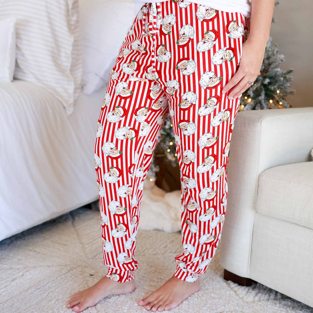 red and white striped vintage santa head jogger pajama pants 