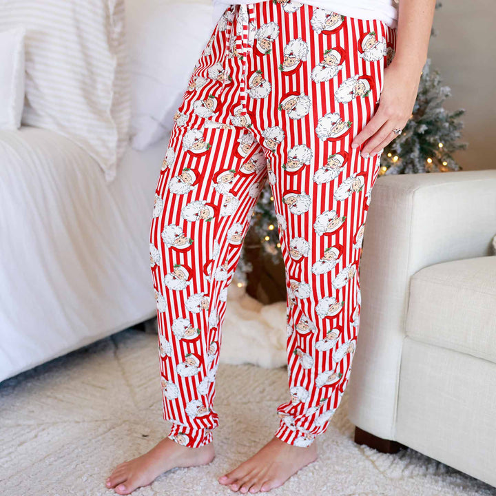 red and white striped vintage santa head jogger pajama pants 