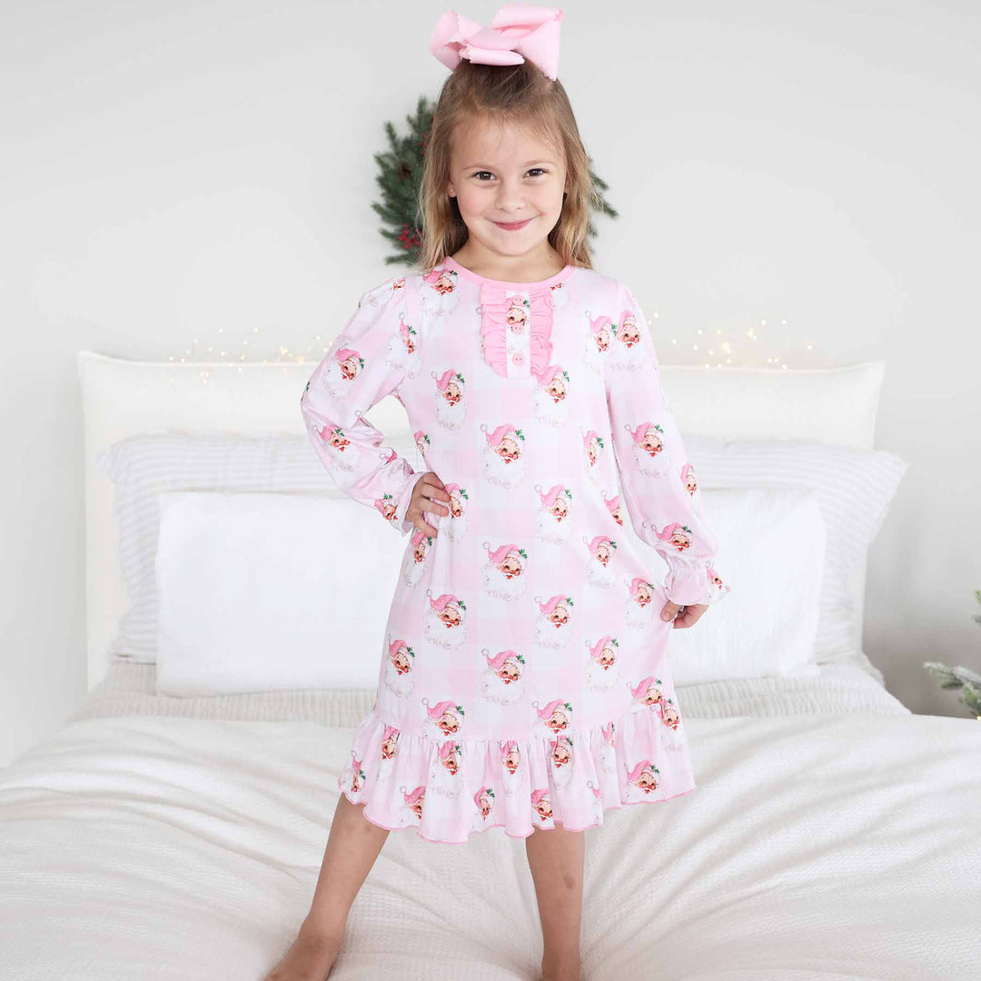 vintage santa pink gingham christmas nightgown for girls