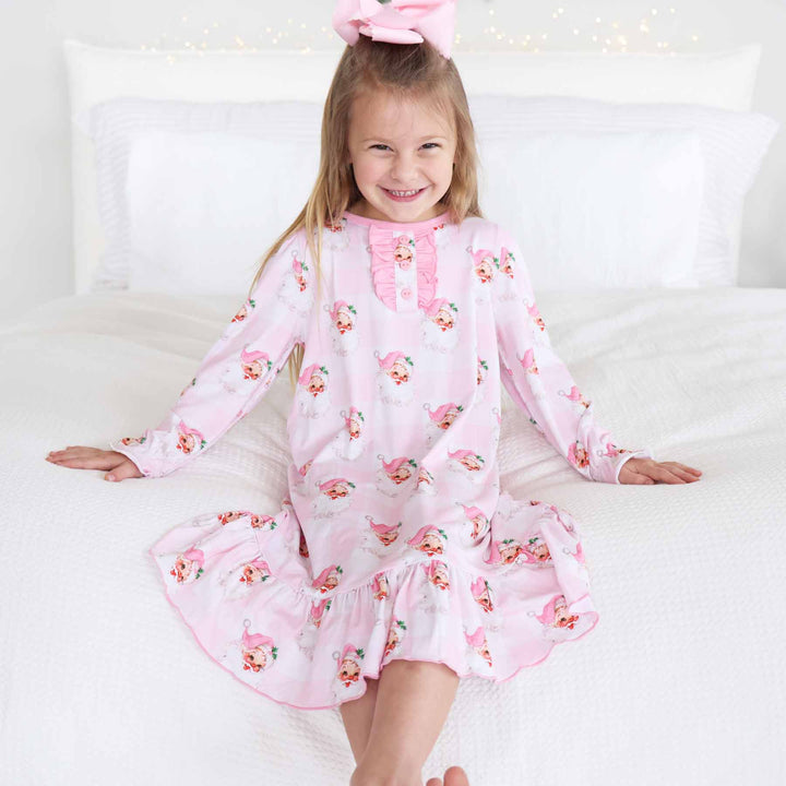 santa gingham long sleeve nightgown for girls for christmas