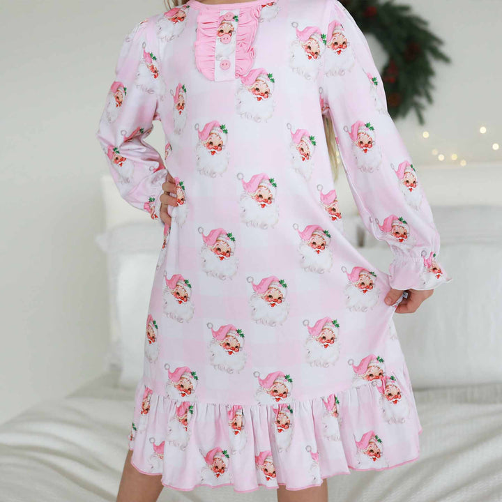 santa gingham long sleeve ruffle nightgown