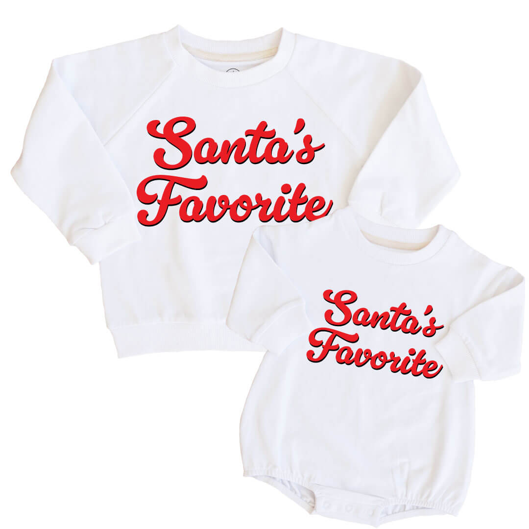 santa's favorite graphic sweatshirt and bubble romper 
