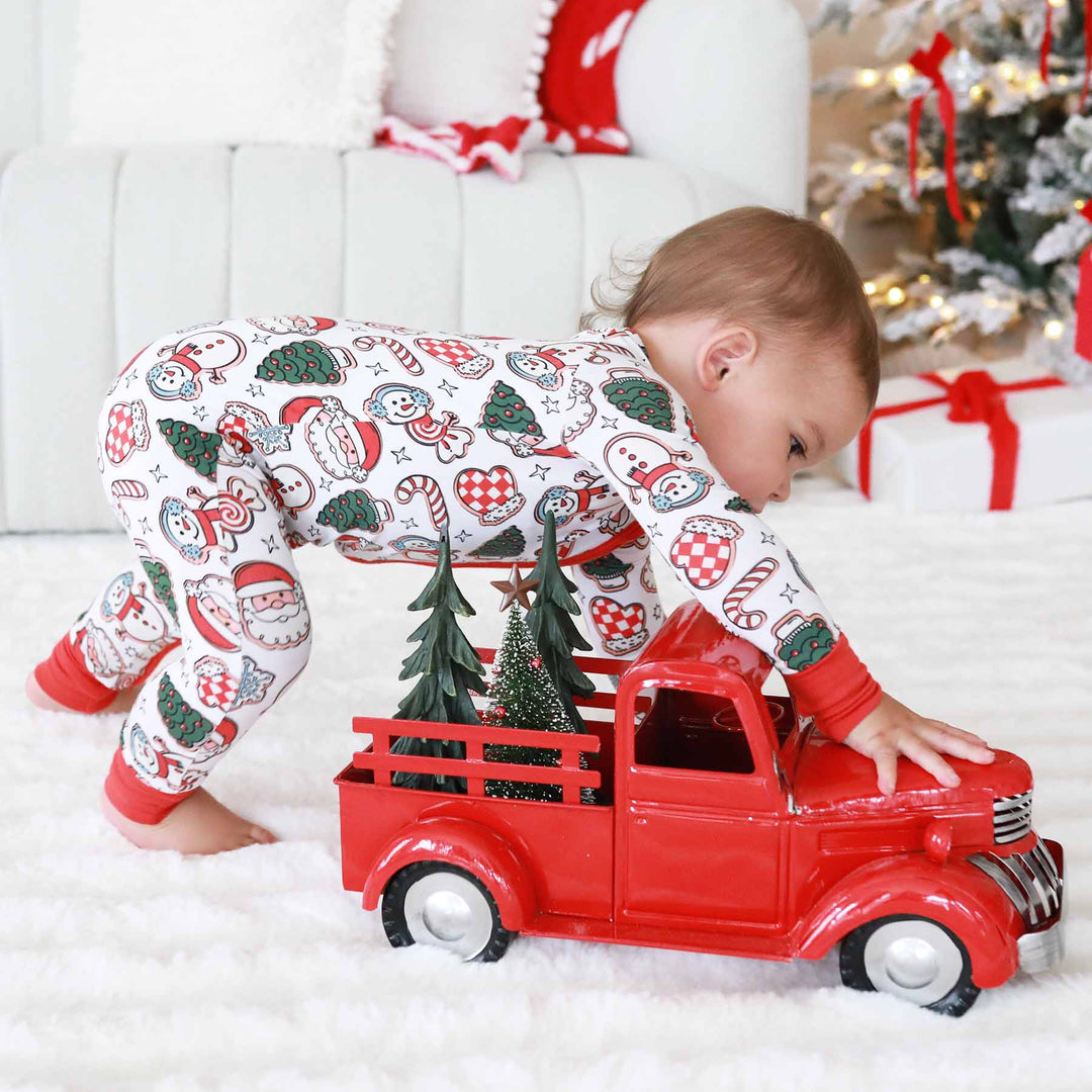 santa's cookies pajama romper red, white and green 