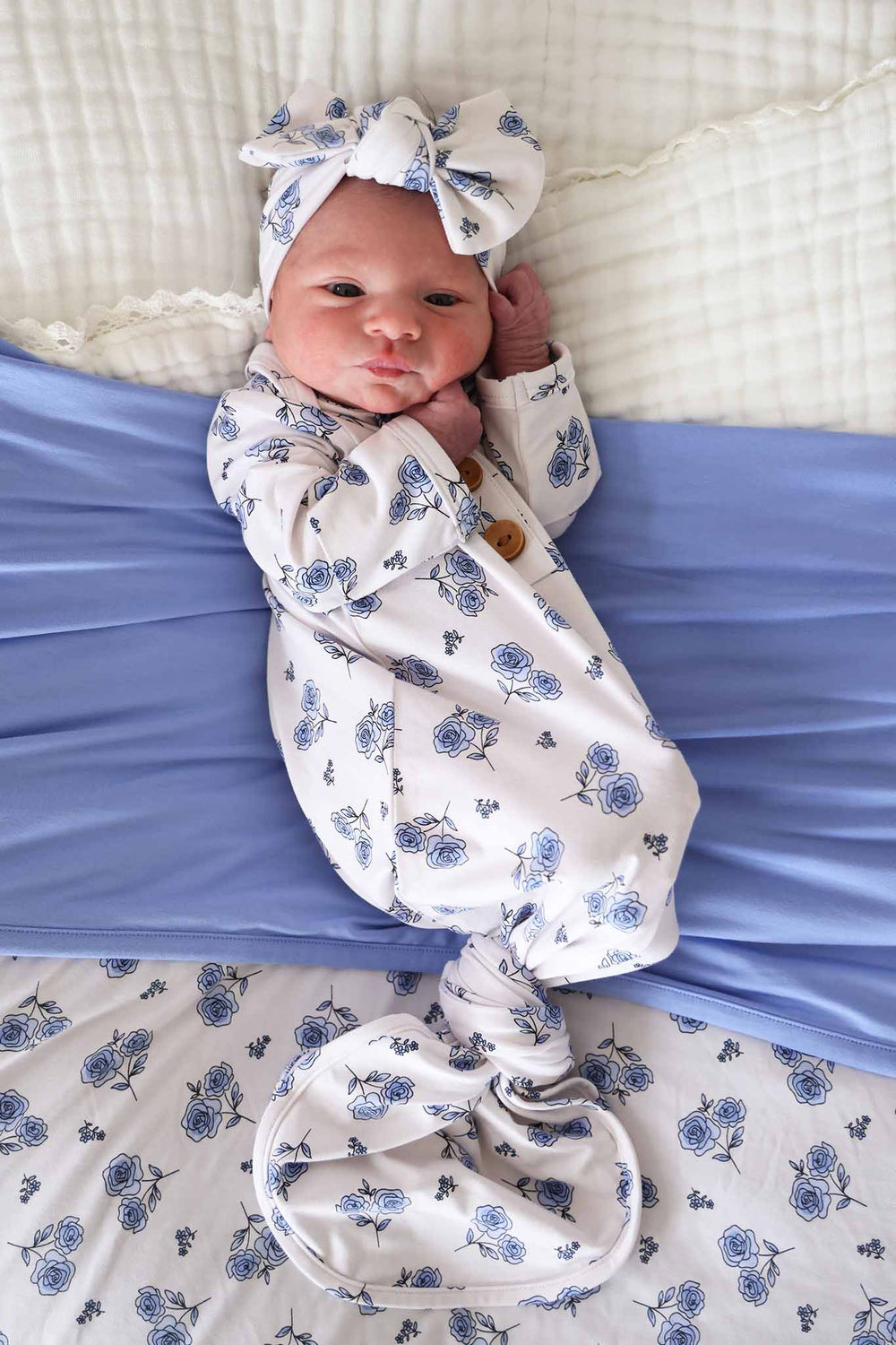 sapphire garden bamboo knot gown for baby girls with matching headwrap and bamboo blanket 