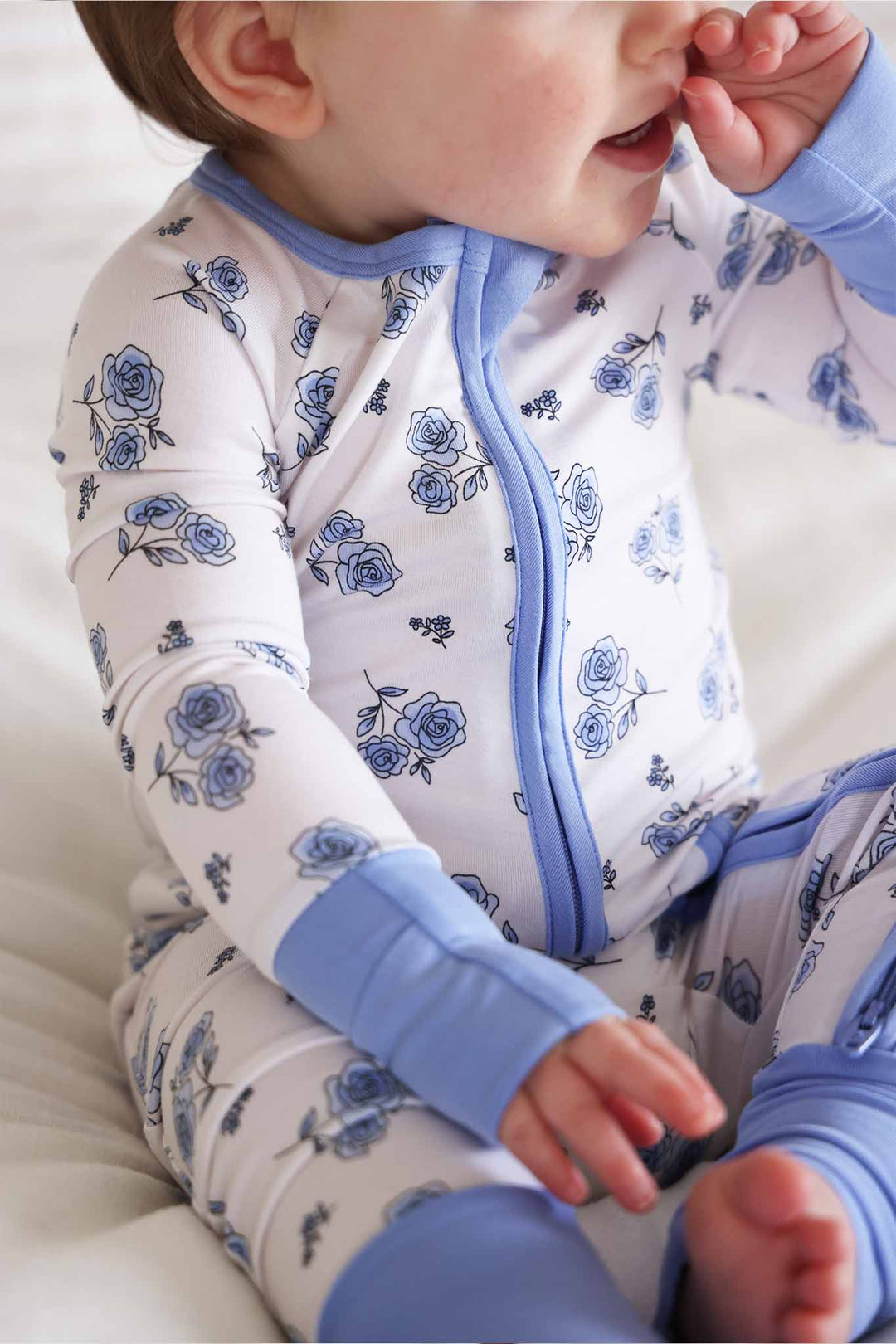 closeup of sapphire garden convertible zip romper mommy and me print 