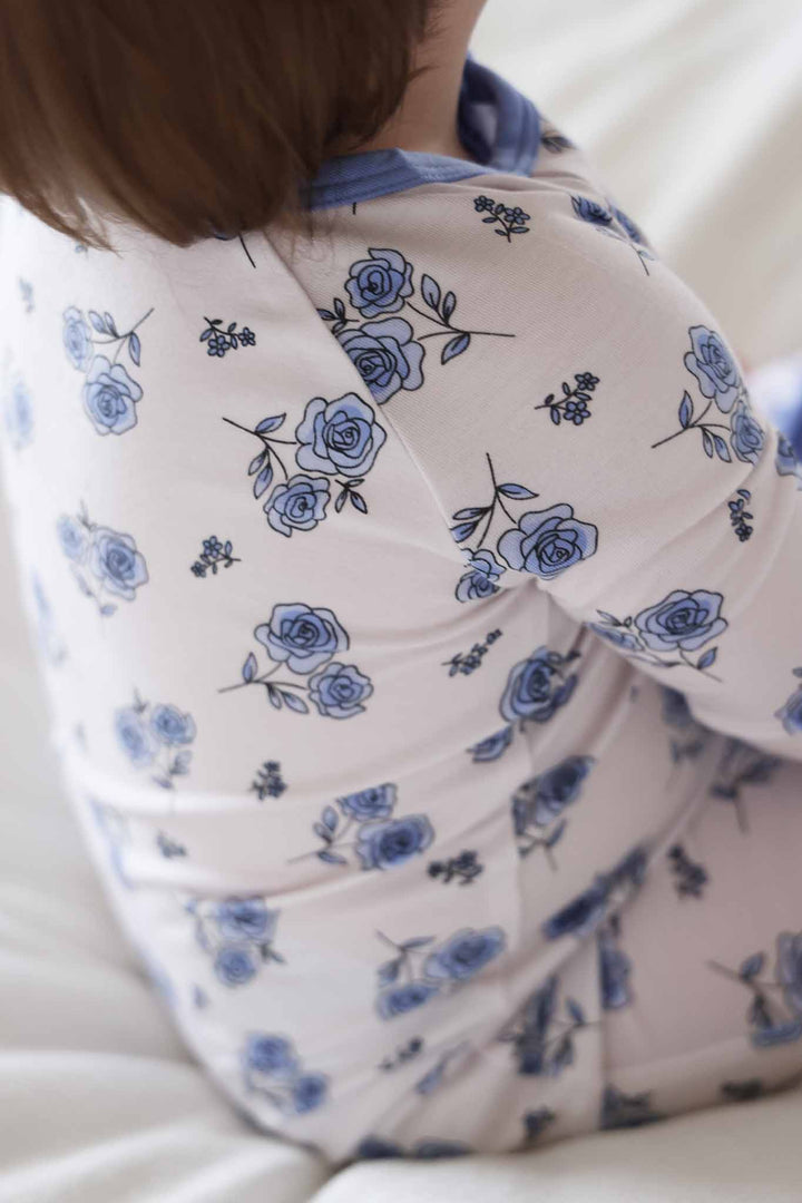 blue rose convertible zip romper pajama for baby and toddler girls