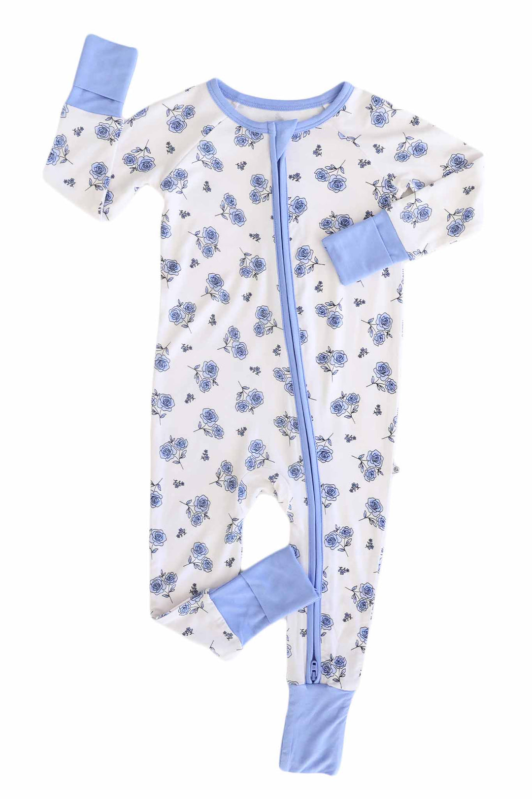 long sleeve convertible zip romper pajama with flip mitts and footies in sapphire garden print 