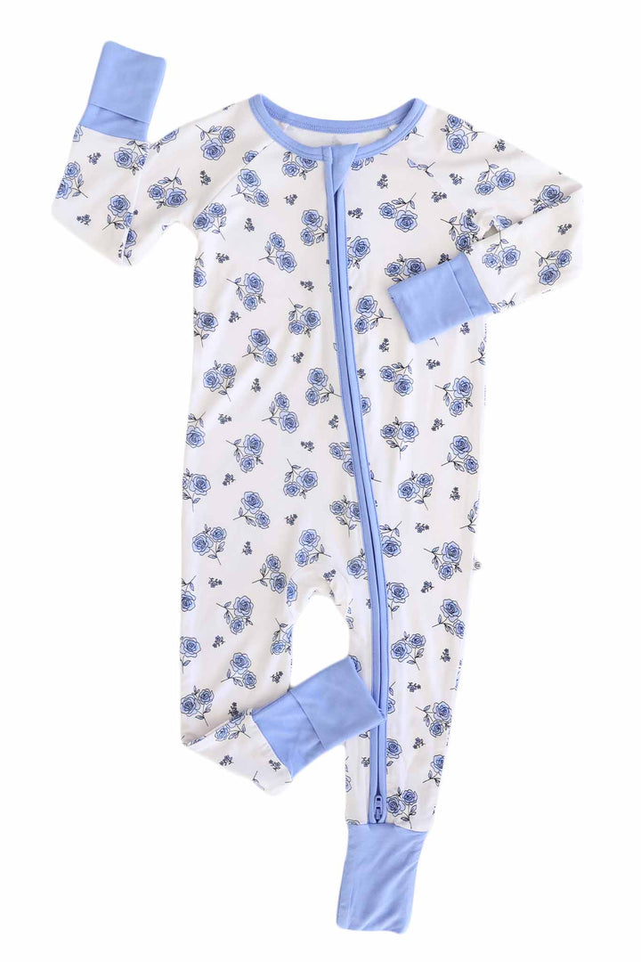 long sleeve convertible zip romper pajama with flip mitts and footies in sapphire garden print 