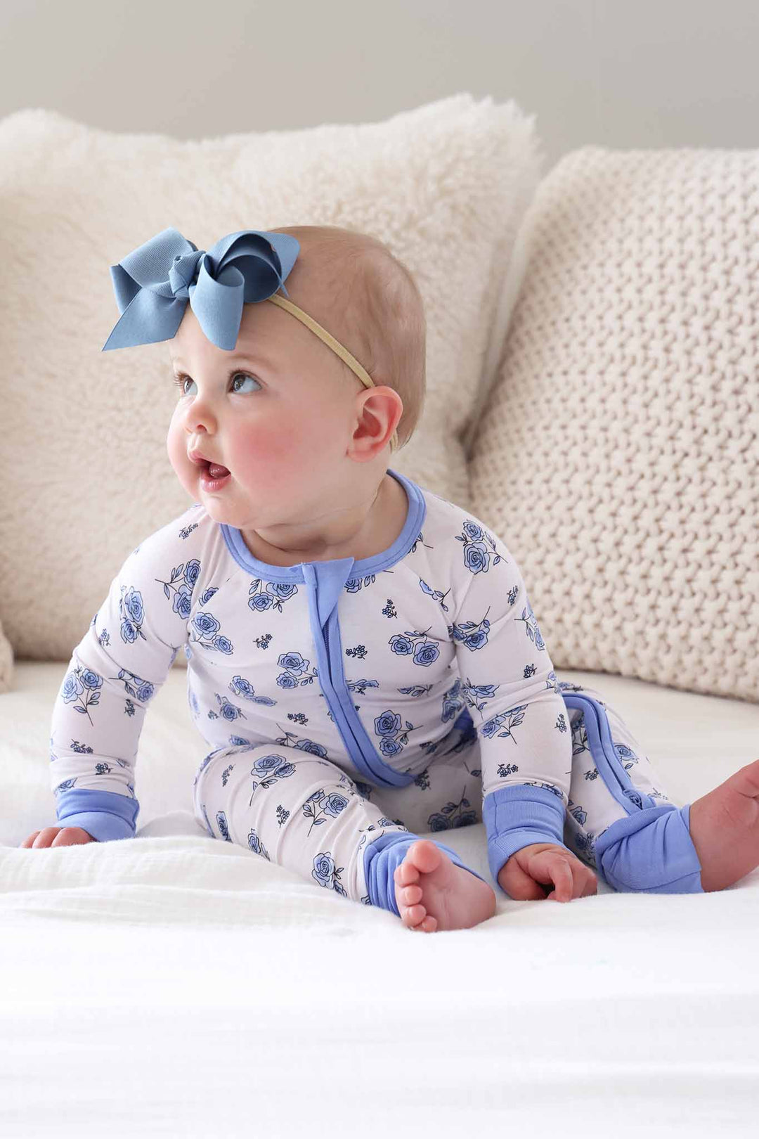 sapphire garden white and blue rose bouquet zip romper pajama 