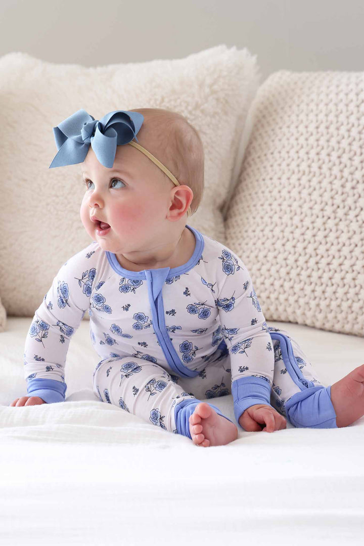 sapphire garden white and blue rose bouquet zip romper pajama 