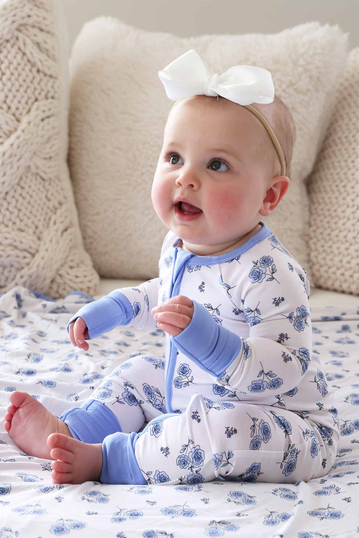 blue rose convertible zip romper pajama for baby and toddler girls 