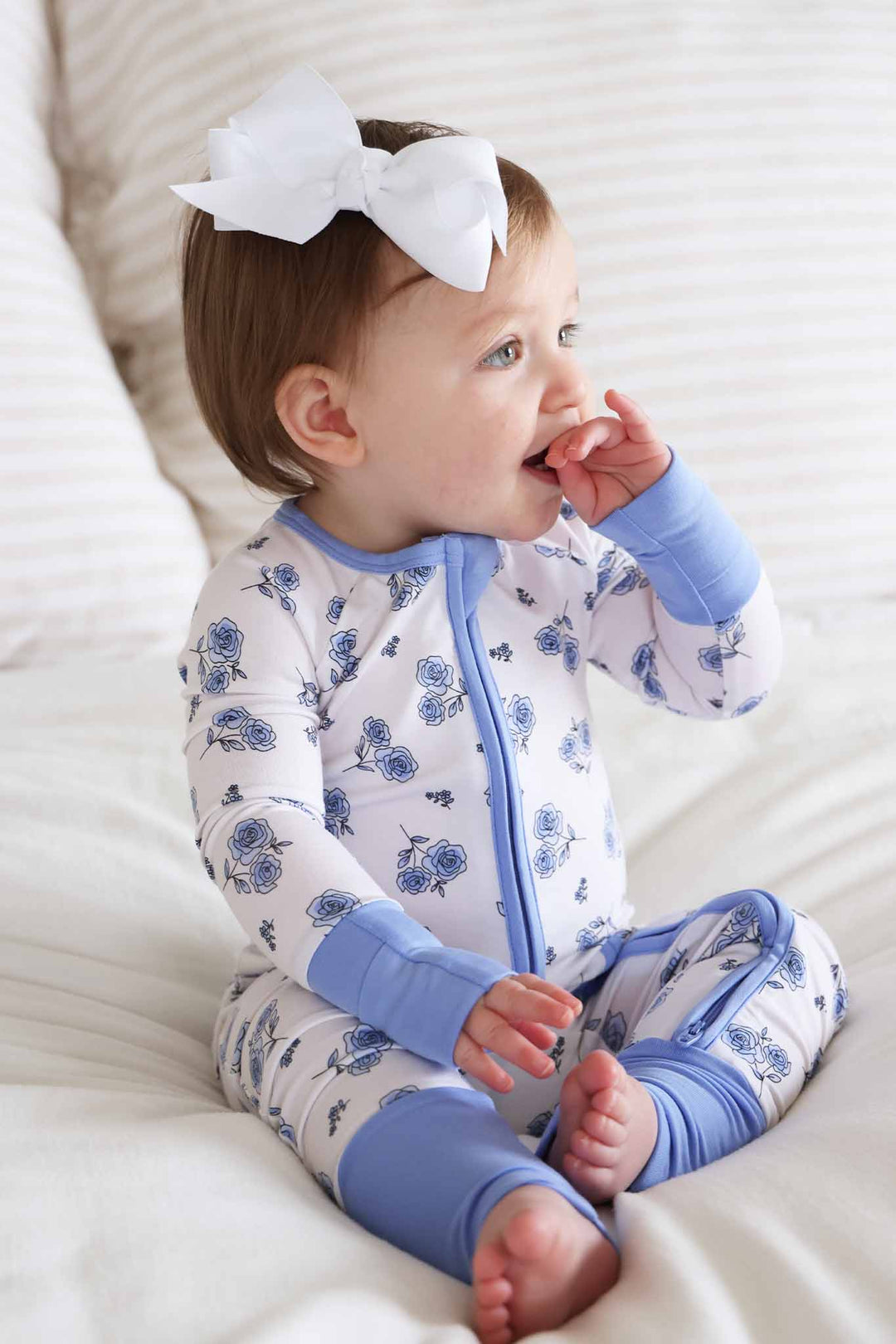 blue rose bouquet pajama romper for girls with periwinkle trim