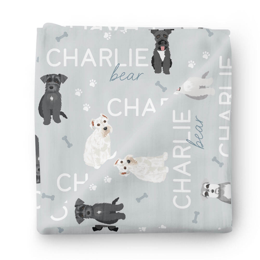 schnauzer baby name swaddle blanket personalized with name blue 