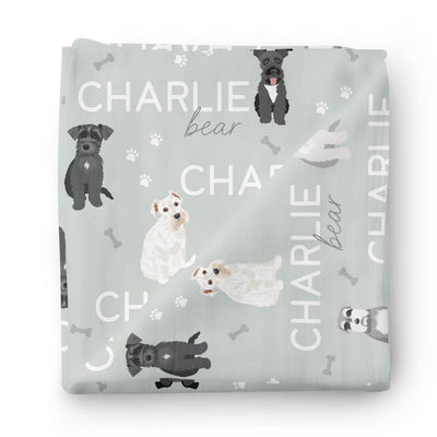 sage personalized baby name swaddle blanket with schanuzers 