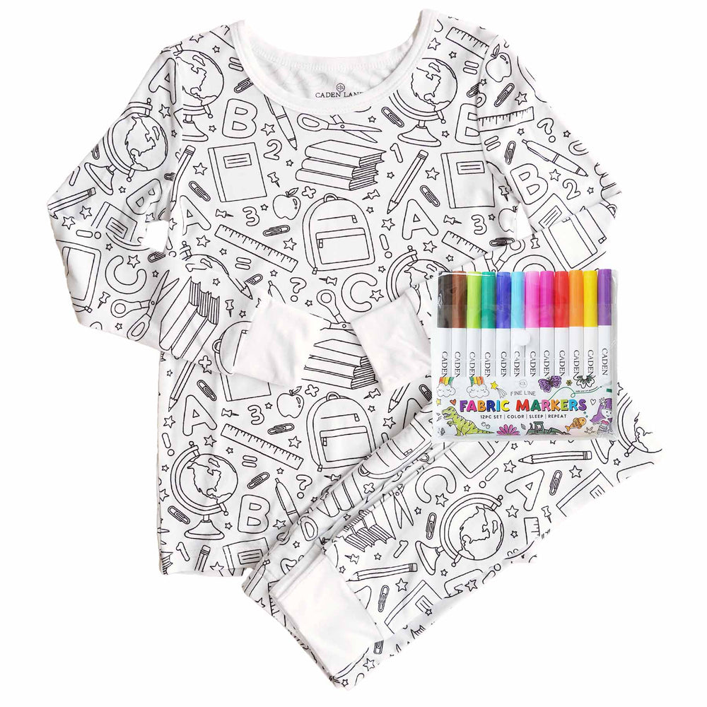 back to school two piece pajama set with markers 