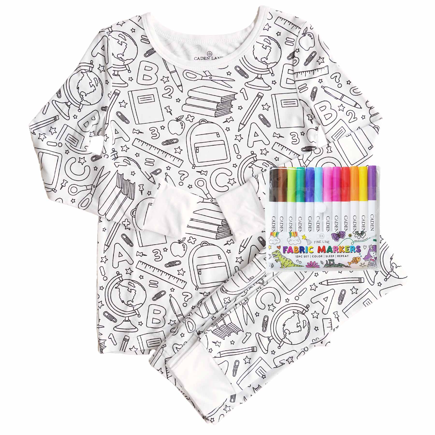 back to school two piece pajama set with markers 