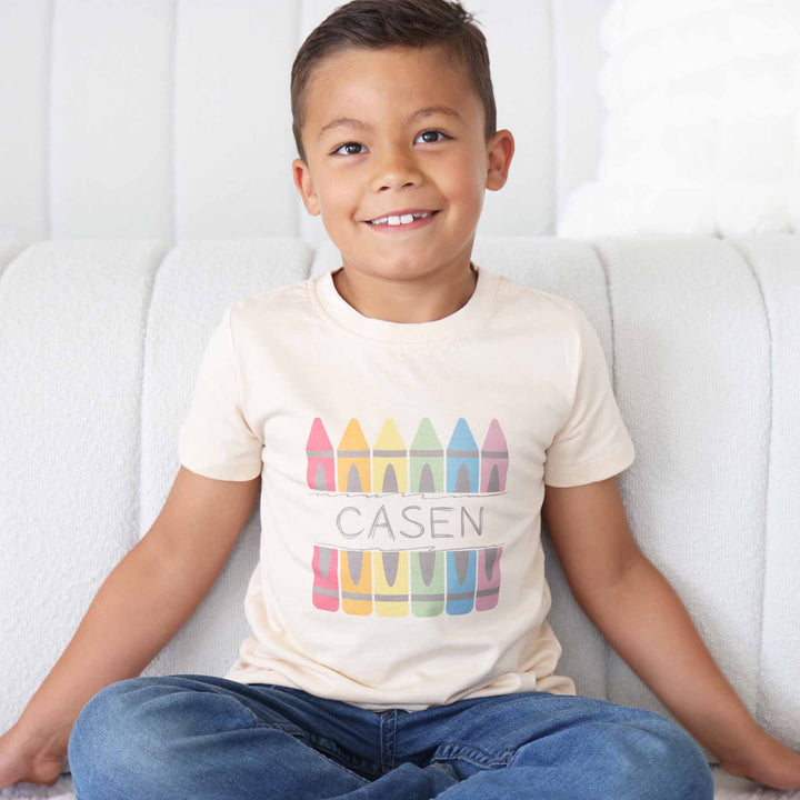 school graphic tee for kids natural color with crayons and name 