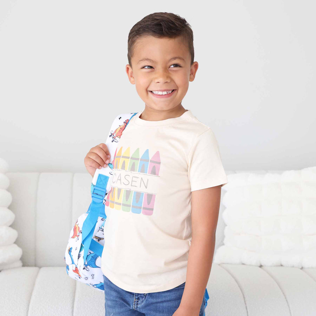 kids back to school graphic tee with name and crayons 
