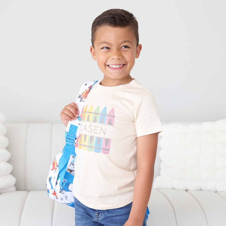kids back to school graphic tee with name and crayons 