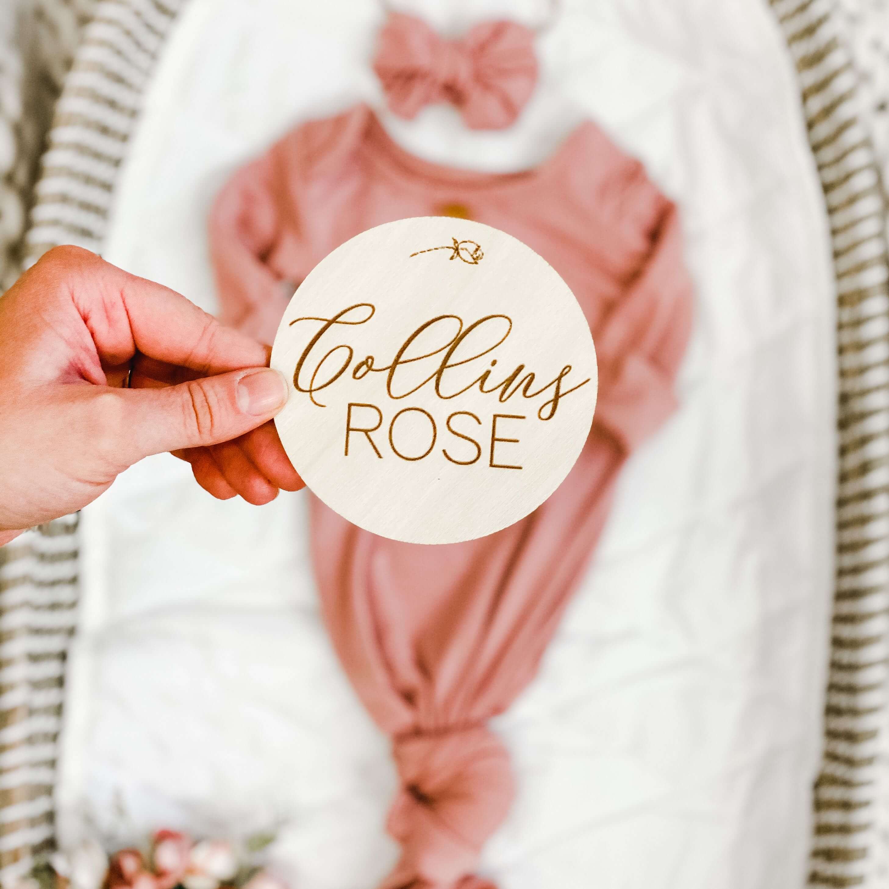 personalized baby name wood announcement with flower 